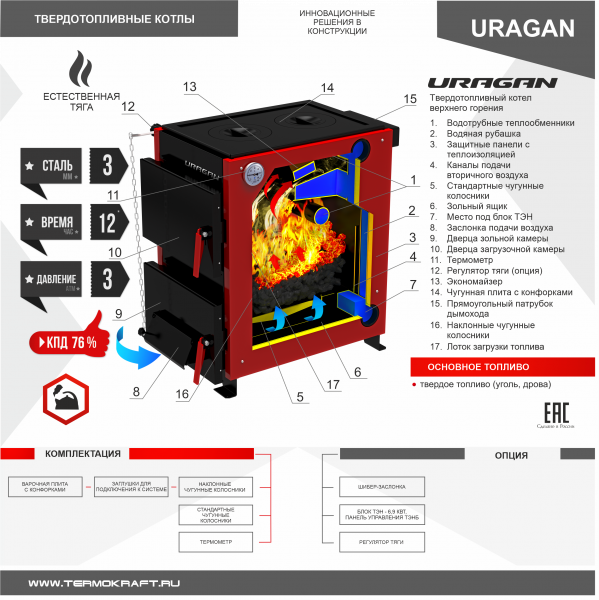 КОТЕЛ твердотопливный отопительный URAGAN («Ураган») 14 кВт